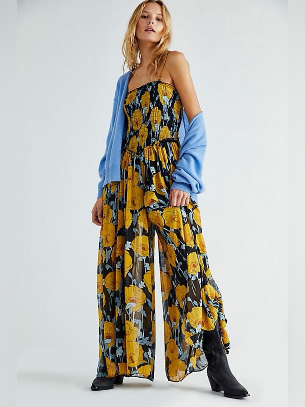 Free People Sophia Wide Leg Smocked Floral Jumpsuit